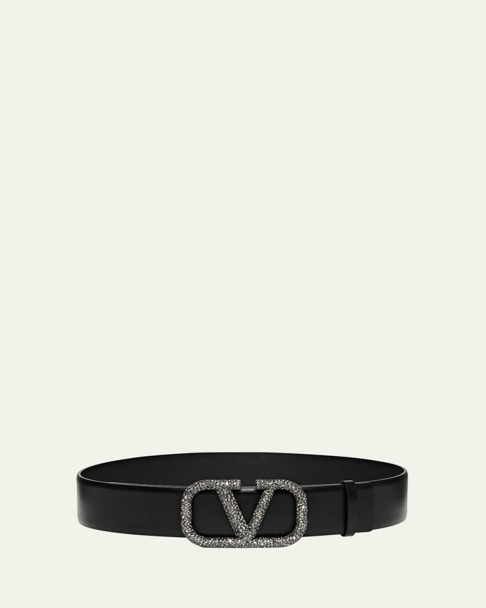 Embellished V-Logo Smooth Leather Belt
